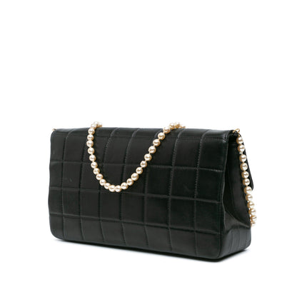 Black Chanel Lambskin Chocolate Bar Pearl Chain Flap Shoulder Bag