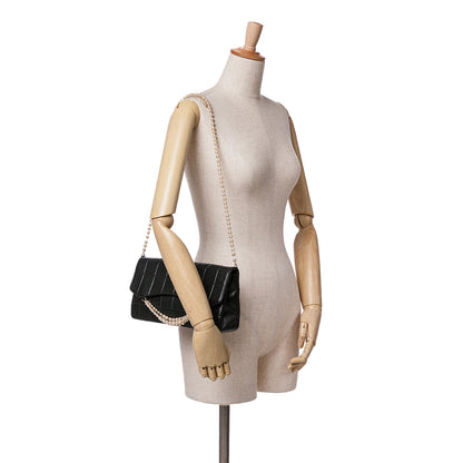 Black Chanel Lambskin Chocolate Bar Pearl Chain Flap Shoulder Bag