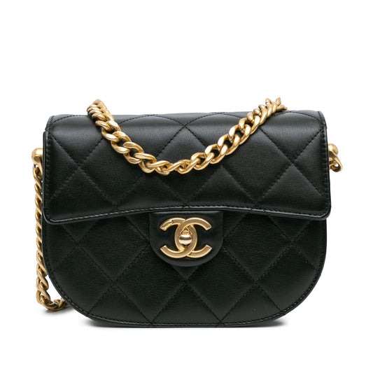 Black Chanel CC Quilted Calfskin Round Moon Messenger Flap Crossbody Bag