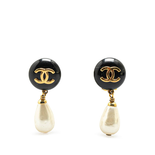 Gold Chanel Gold Plated Faux Pearl CC Drop Clip On Earrings