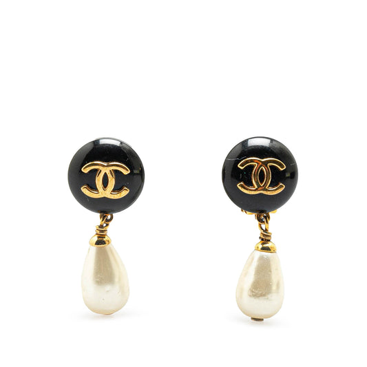 Gold Chanel Gold Plated Faux Pearl CC Drop Clip On Earrings