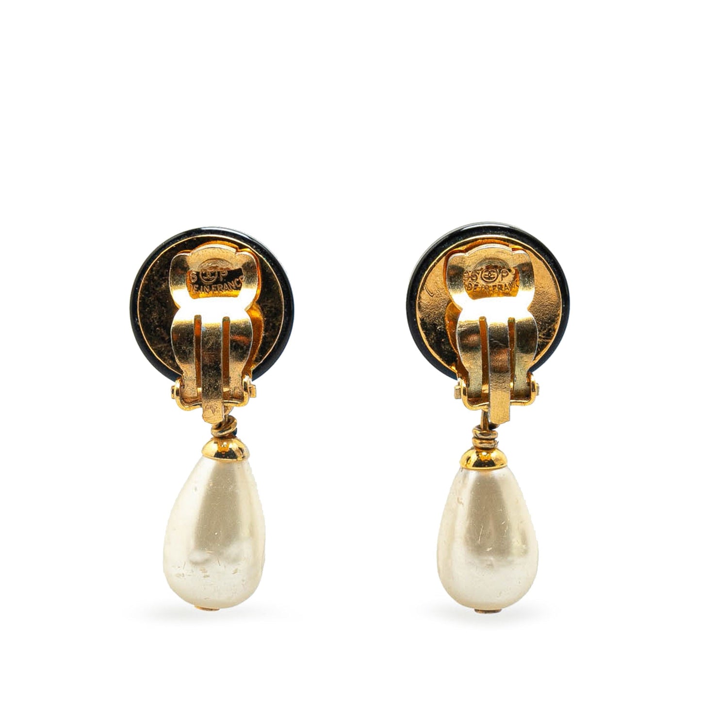 Gold Chanel Gold Plated Faux Pearl CC Drop Clip On Earrings