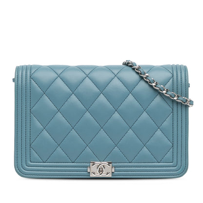 Blue Chanel Lambskin Boy Wallet On Chain Crossbody Bag