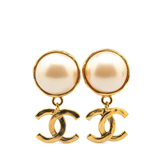 Gold Chanel Gold Plated CC Faux Pearl Drop Clip On Earrings