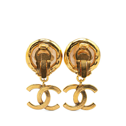 Gold Chanel Gold Plated CC Faux Pearl Drop Clip On Earrings