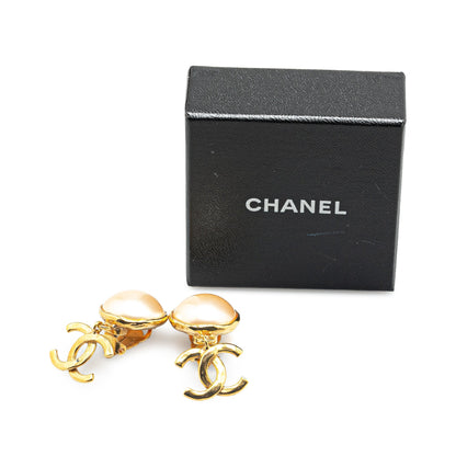 Gold Chanel Gold Plated CC Faux Pearl Drop Clip On Earrings