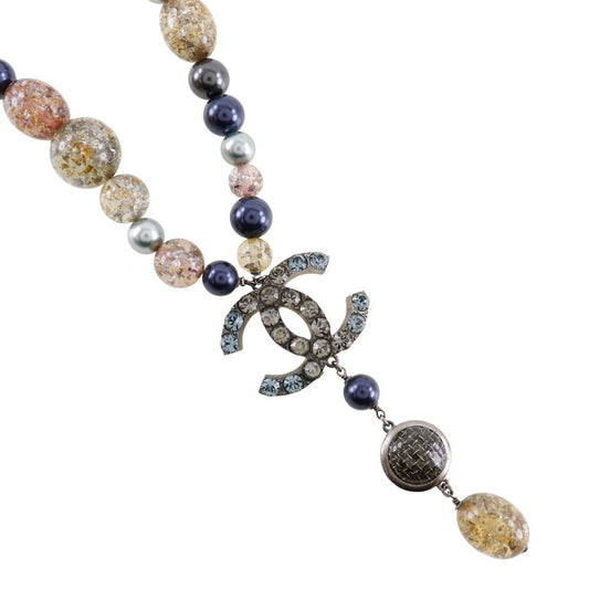 Chanel Coco Mark Necklace Metal Faux Pearl Rhinestone