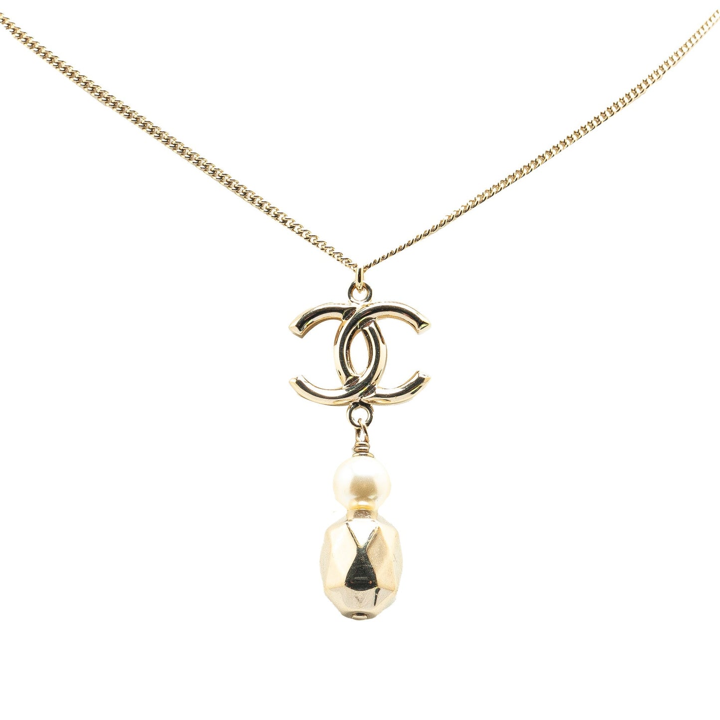 Gold Chanel Gold Plated CC Faux Pearl Pendant Necklace