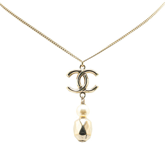 Gold Chanel Gold Plated CC Faux Pearl Pendant Necklace