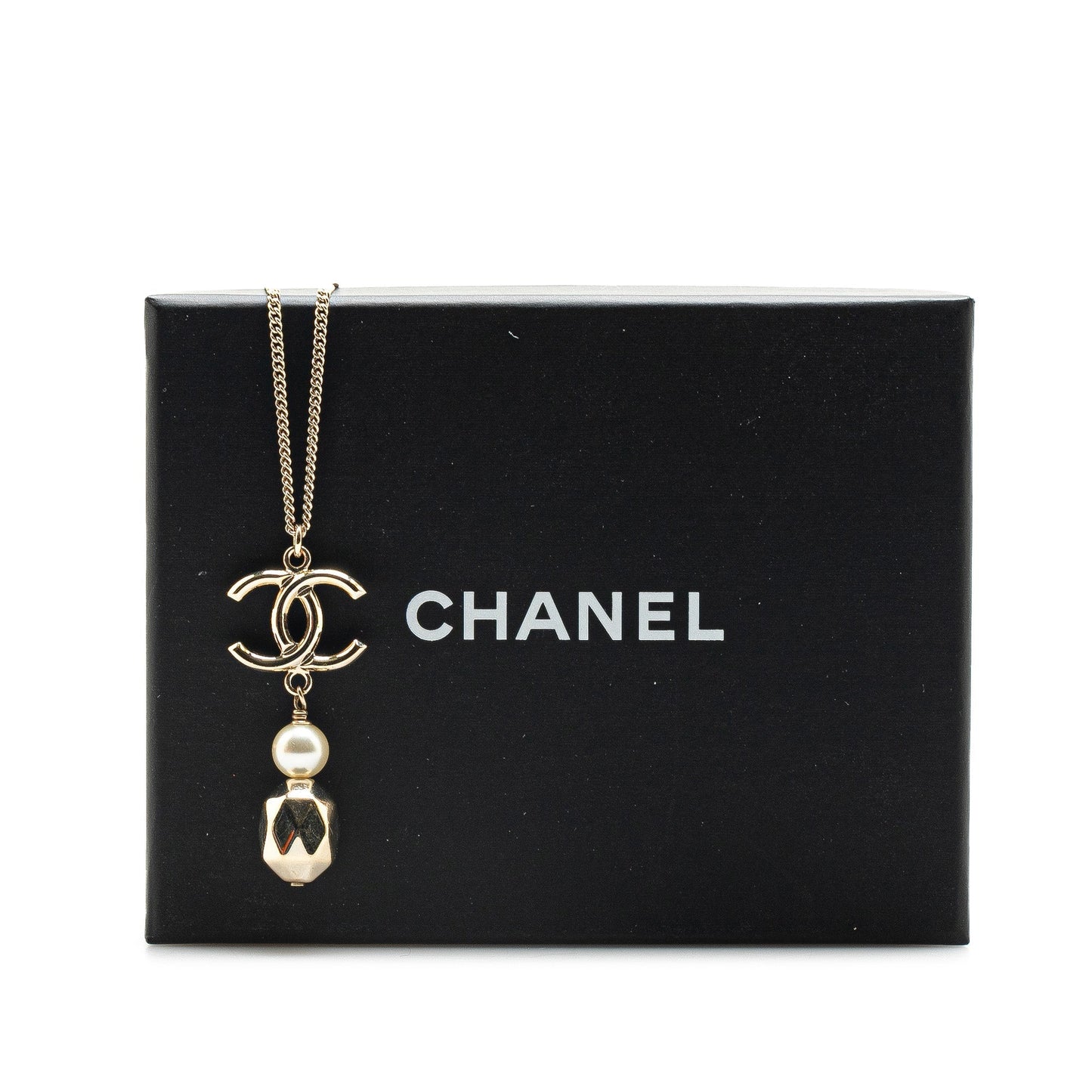 Gold Chanel Gold Plated CC Faux Pearl Pendant Necklace