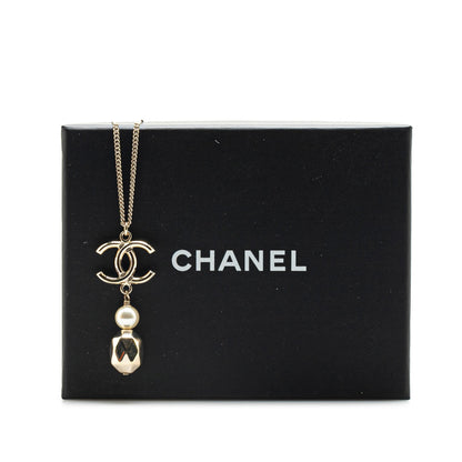 Gold Chanel Gold Plated CC Faux Pearl Pendant Necklace