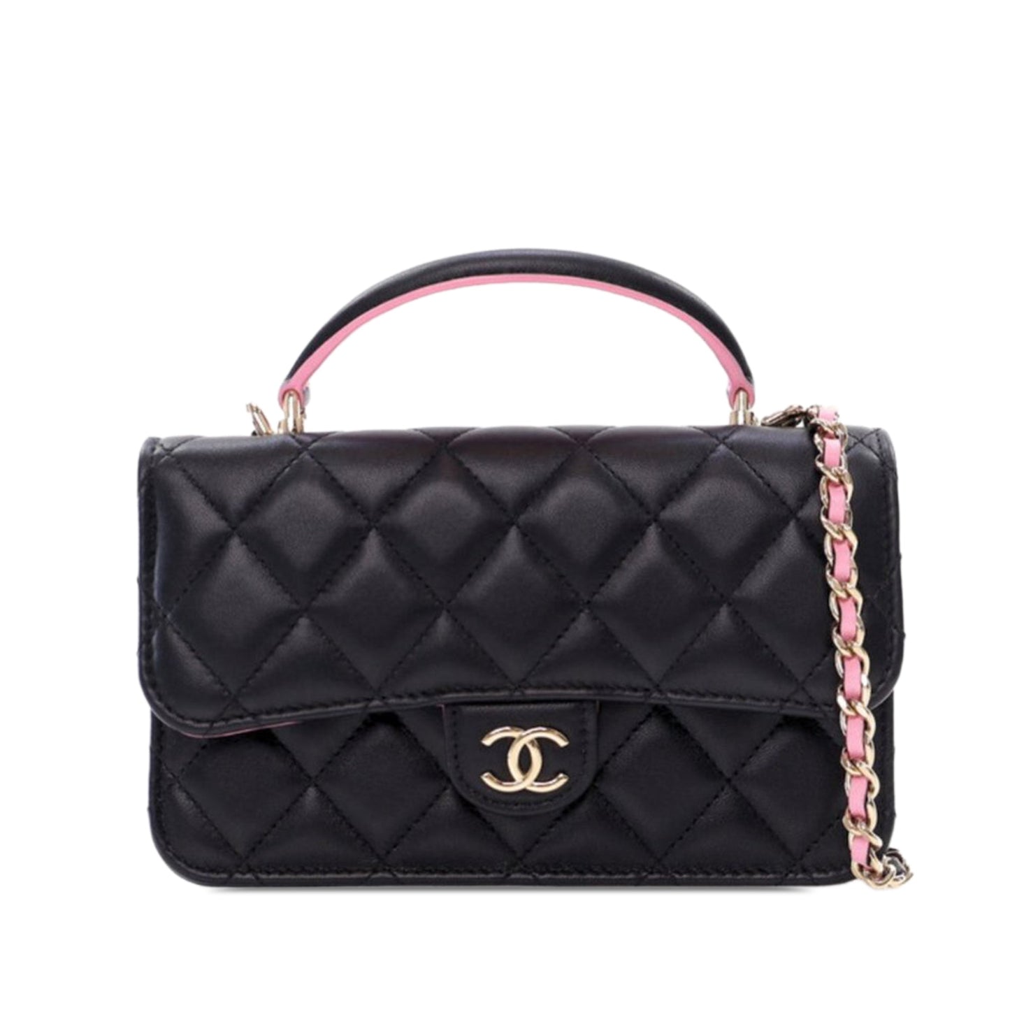 Black Chanel Bicolor Quilted Lambskin Top Handle Phone Holder with Chain Satchel