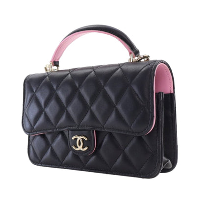 Black Chanel Bicolor Quilted Lambskin Top Handle Phone Holder with Chain Satchel