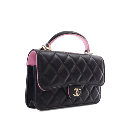Black Chanel Bicolor Quilted Lambskin Top Handle Phone Holder with Chain Satchel