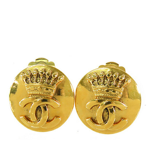 Gold Chanel Gold Plated CC Crown Clip On Earrings