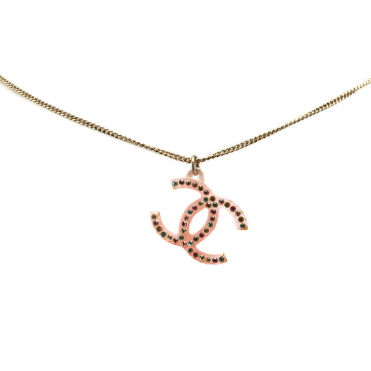 Gold Chanel Gold Plated Resin Crystal Pendant Necklace