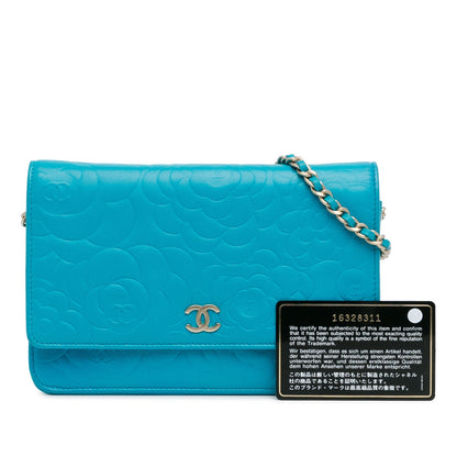Blue Chanel Lambskin Camellia Embossed Wallet On Chain Crossbody Bag