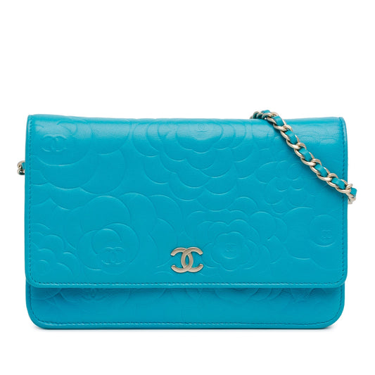 Blue Chanel Lambskin Camellia Embossed Wallet On Chain Crossbody Bag