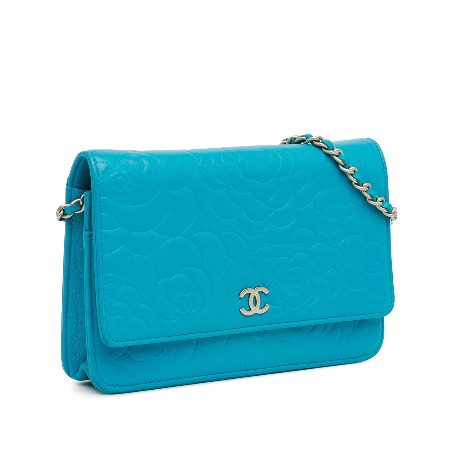 Blue Chanel Lambskin Camellia Embossed Wallet On Chain Crossbody Bag