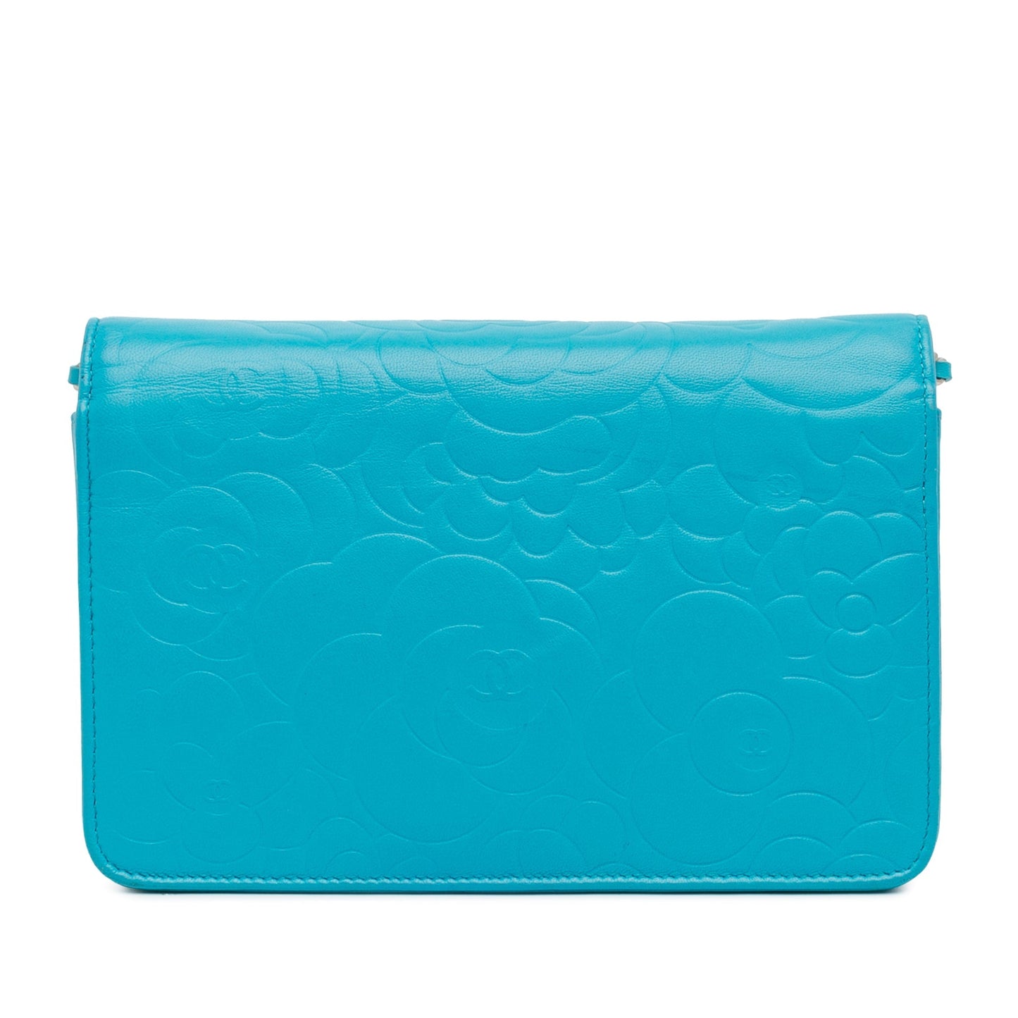 Blue Chanel Lambskin Camellia Embossed Wallet On Chain Crossbody Bag