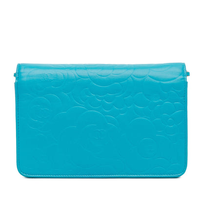 Blue Chanel Lambskin Camellia Embossed Wallet On Chain Crossbody Bag