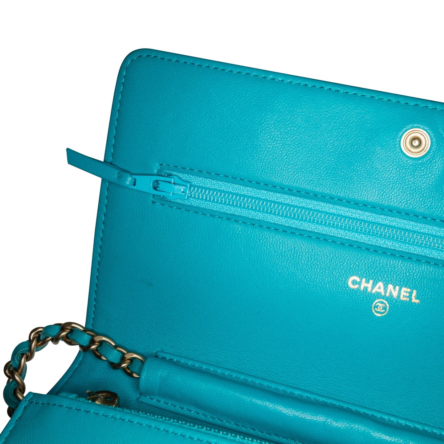 Blue Chanel Lambskin Camellia Embossed Wallet On Chain Crossbody Bag