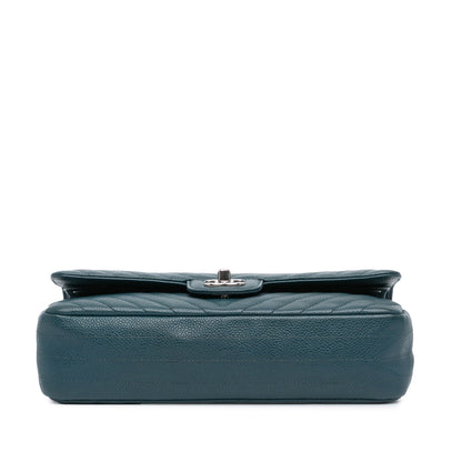 Blue Chanel Medium Classic Chevron Caviar Double Flap Shoulder Bag
