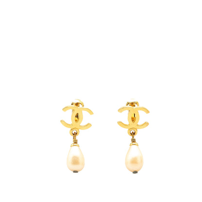 Gold Chanel Gold Plated CC Faux Pearl Drop Clip on Earrings