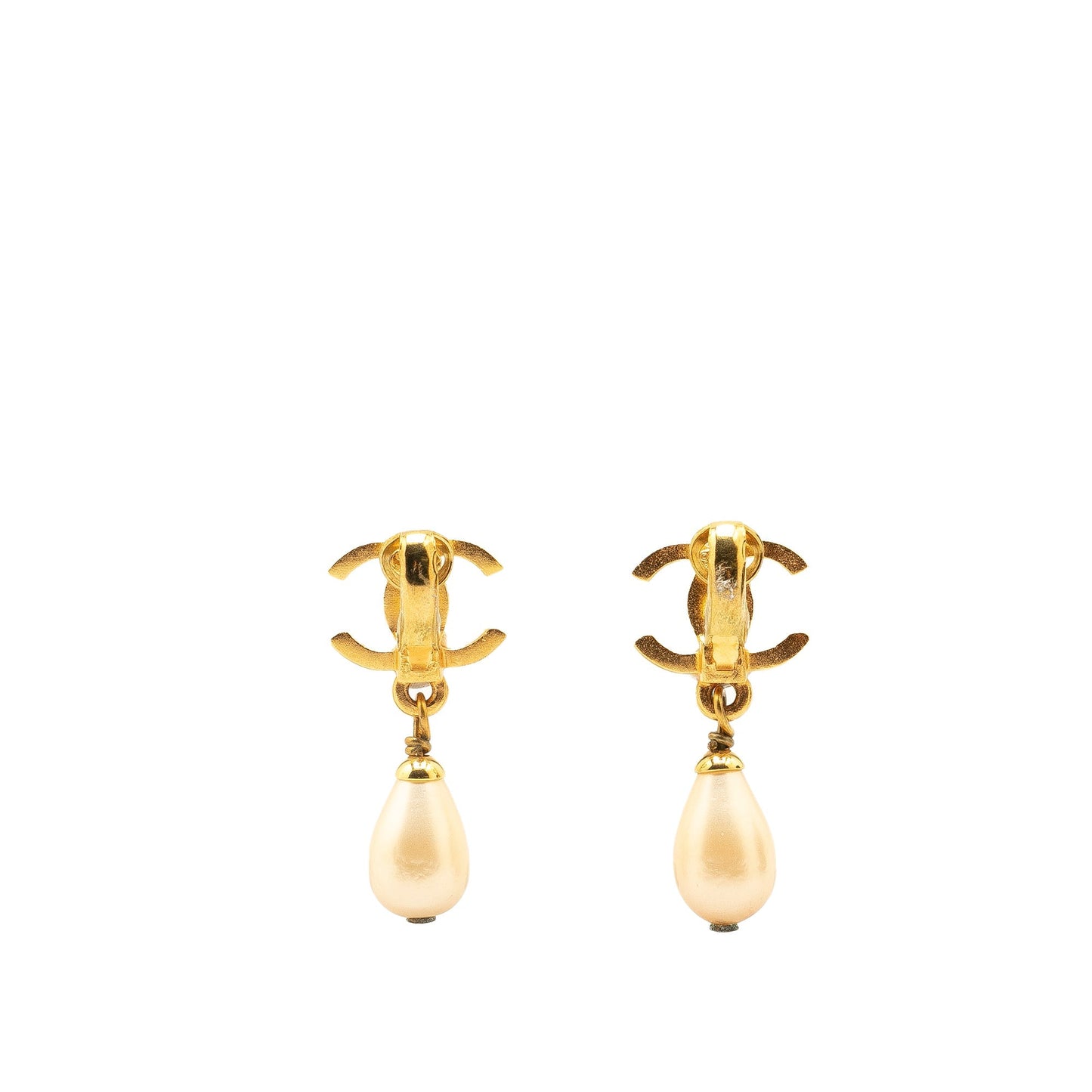 Gold Chanel Gold Plated CC Faux Pearl Drop Clip on Earrings