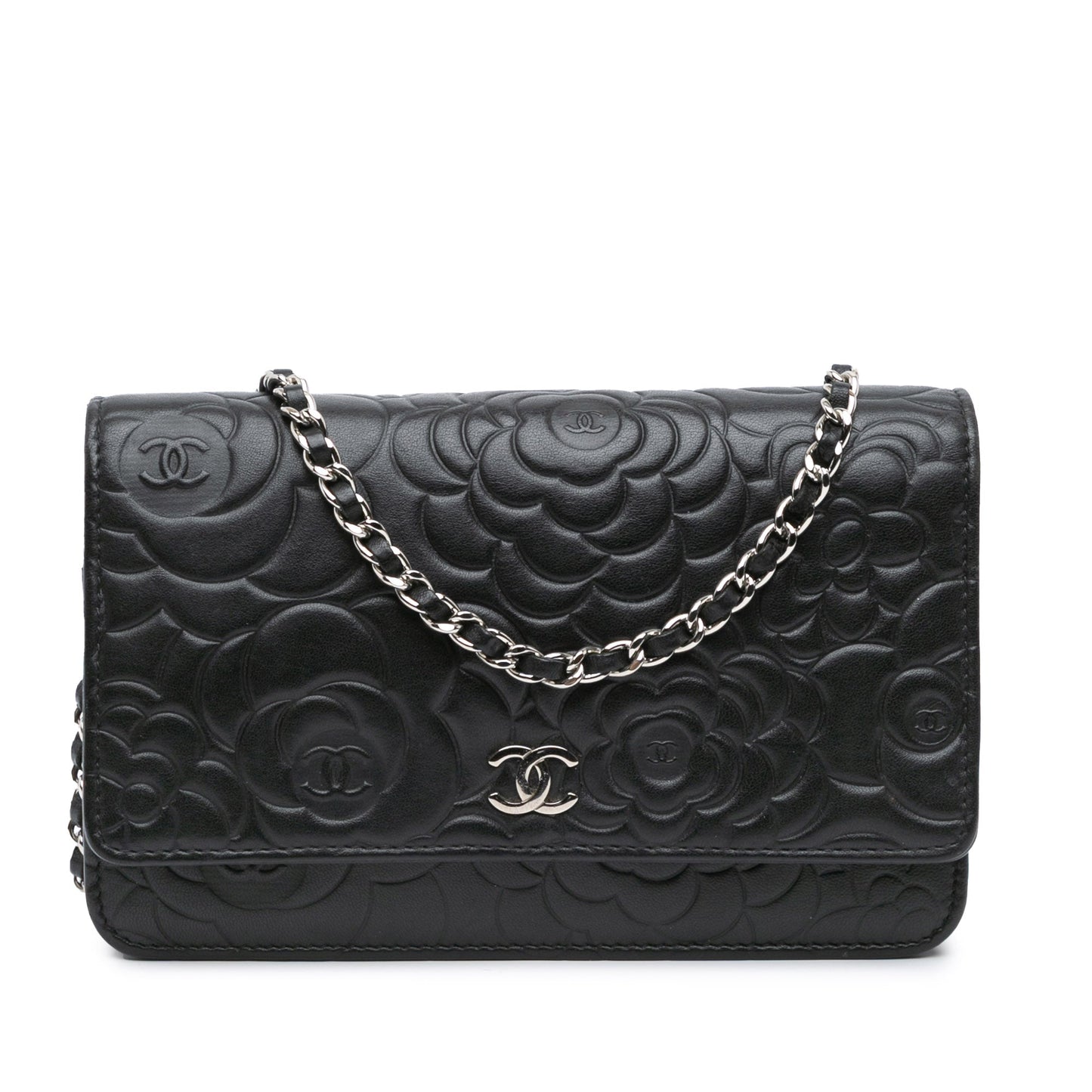 Black Chanel Lambskin Camellia Embossed Wallet On Chain Crossbody Bag