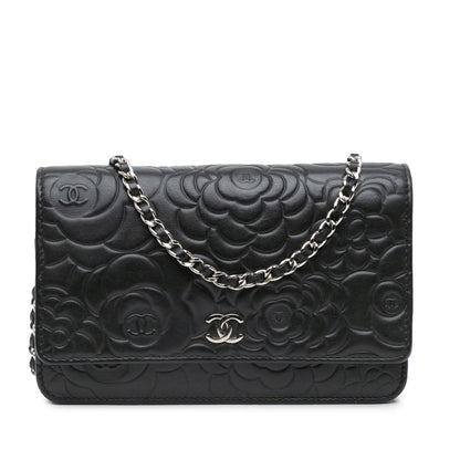 Black Chanel Lambskin Camellia Embossed Wallet On Chain Crossbody Bag
