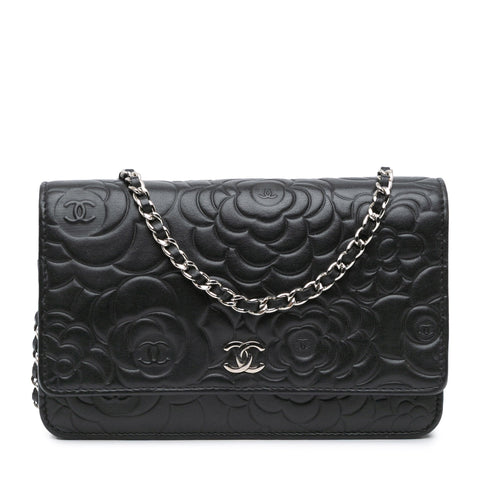 Black Chanel Lambskin Camellia Embossed Wallet On Chain Crossbody Bag