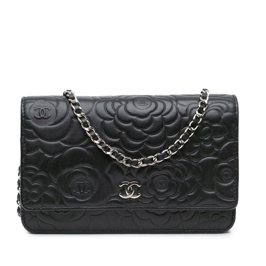 Black Chanel Lambskin Camellia Embossed Wallet On Chain Crossbody Bag