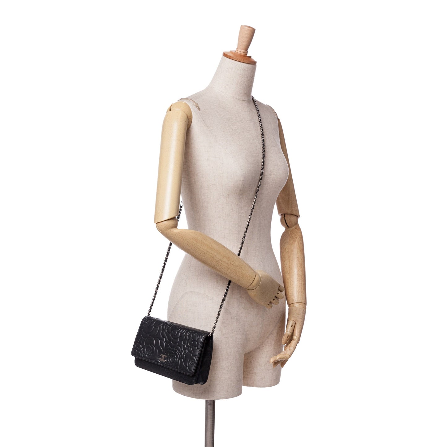Black Chanel Lambskin Camellia Embossed Wallet On Chain Crossbody Bag