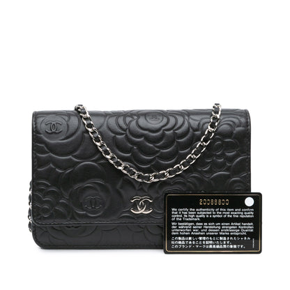 Black Chanel Lambskin Camellia Embossed Wallet On Chain Crossbody Bag