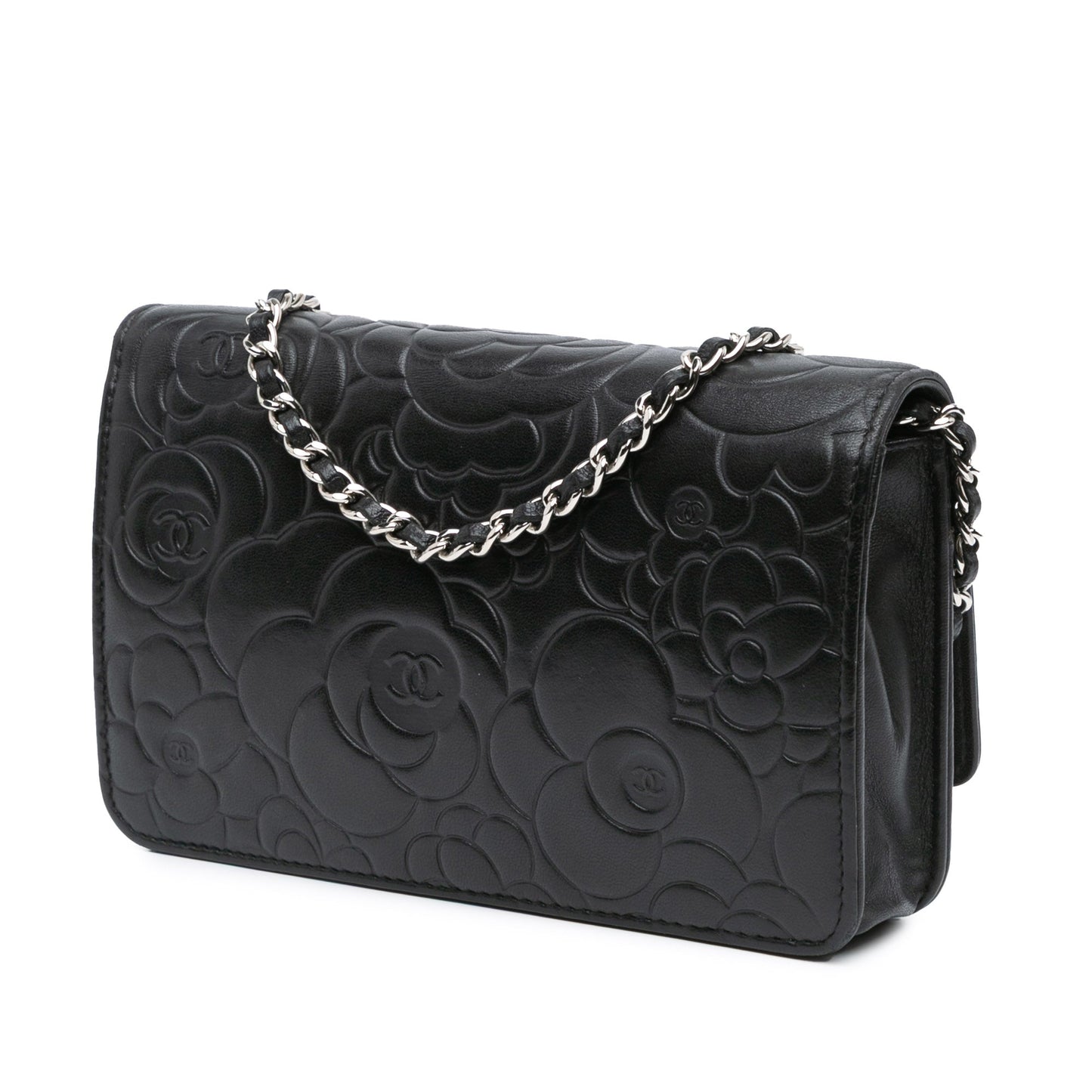 Black Chanel Lambskin Camellia Embossed Wallet On Chain Crossbody Bag