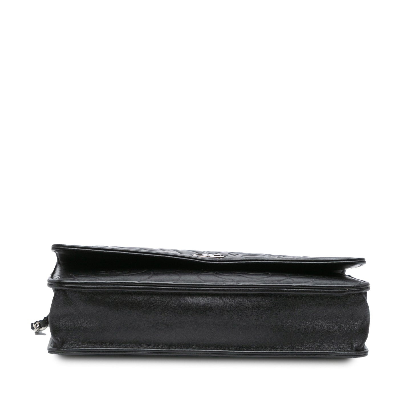 Black Chanel Lambskin Camellia Embossed Wallet On Chain Crossbody Bag