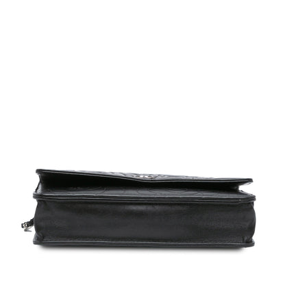 Black Chanel Lambskin Camellia Embossed Wallet On Chain Crossbody Bag