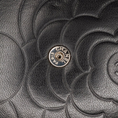 Black Chanel Lambskin Camellia Embossed Wallet On Chain Crossbody Bag