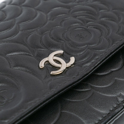 Black Chanel Lambskin Camellia Embossed Wallet On Chain Crossbody Bag