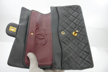 CHANEL Classic Double Flap 10" Chain Shoulder Bag Black Lambskin i68