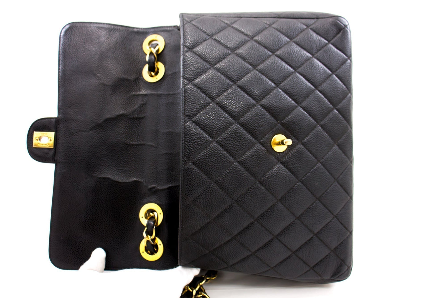 CHANEL Jumbo Caviar 11" Large Chain Shoulder Bag Flap Black Quilt e23