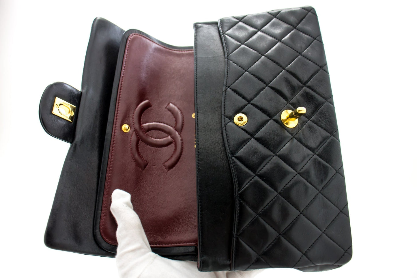 CHANEL Classic Double Flap 10" Chain Shoulder Bag Black Lambskin i71