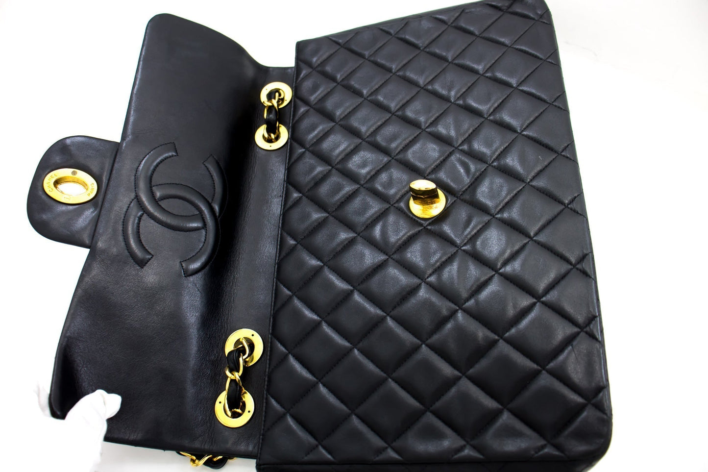 CHANEL Classic Maxi 13" 2.55 Flap Chain Shoulder Bag Black Lamb h22