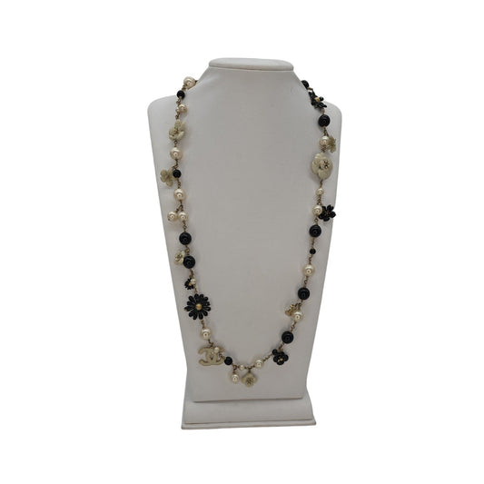 Chanel CC Camellia Black Bead Faux Pearl Long Necklace