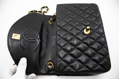 CHANEL Half Moon Chain Shoulder Bag Crossbody Black Quilted Flap j18