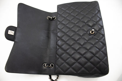 CHANEL Caviar Grained Calfskin Flap Chain Shoulder Bag Black 13" i90