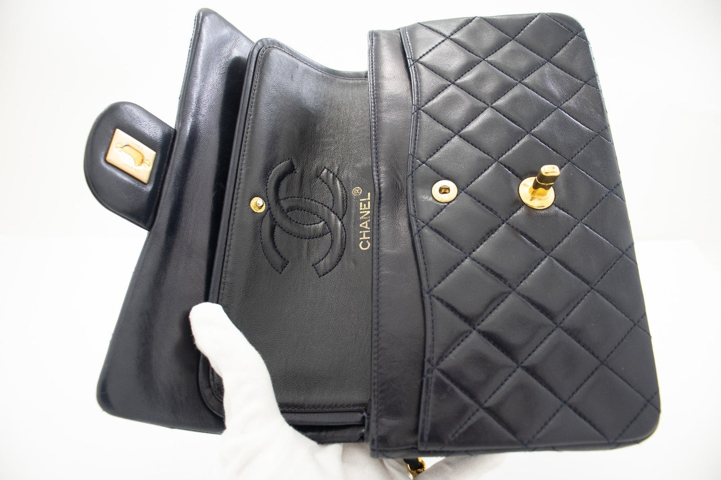 CHANEL Classic Double Flap 9" Chain Shoulder Bag Navy Lambskin g71