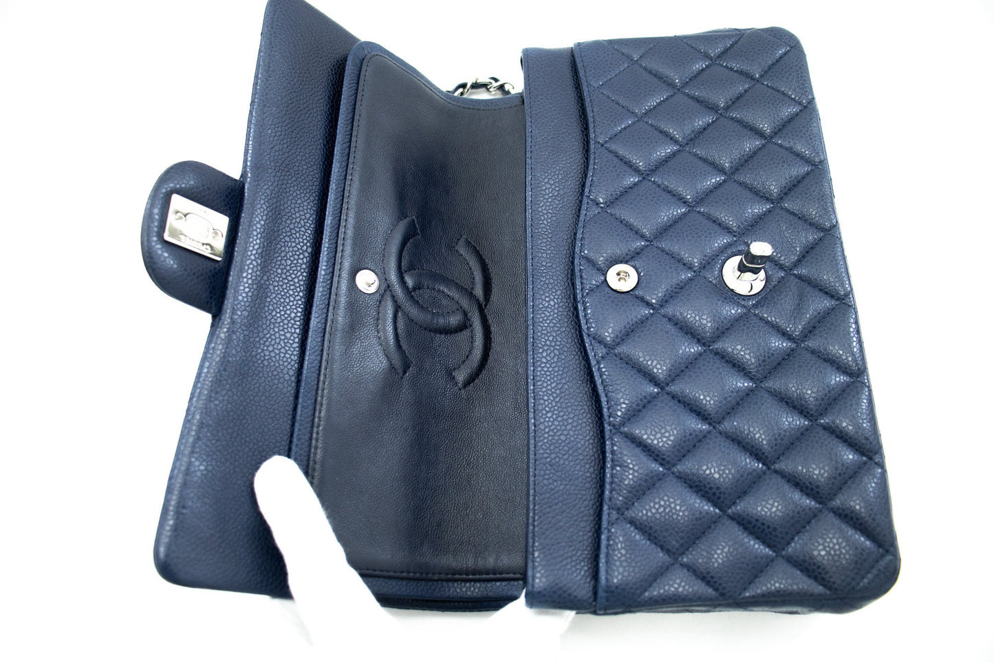 CHANEL Navy Caviar Double Flap Chain Shoulder Bag Quilted Leather j44