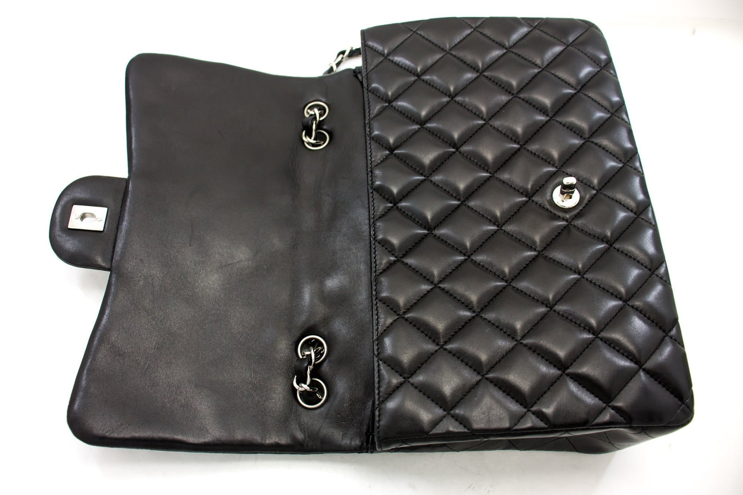 CHANEL Large Classic Handbag 11"Chain Shoulder Bag Flap Black Lamb h44